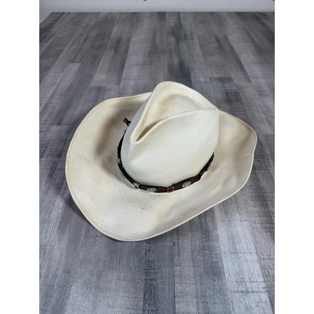 Stetson Straw Cowboy Hat Cream Western Cattleman Concho Leather Band 7 3/8